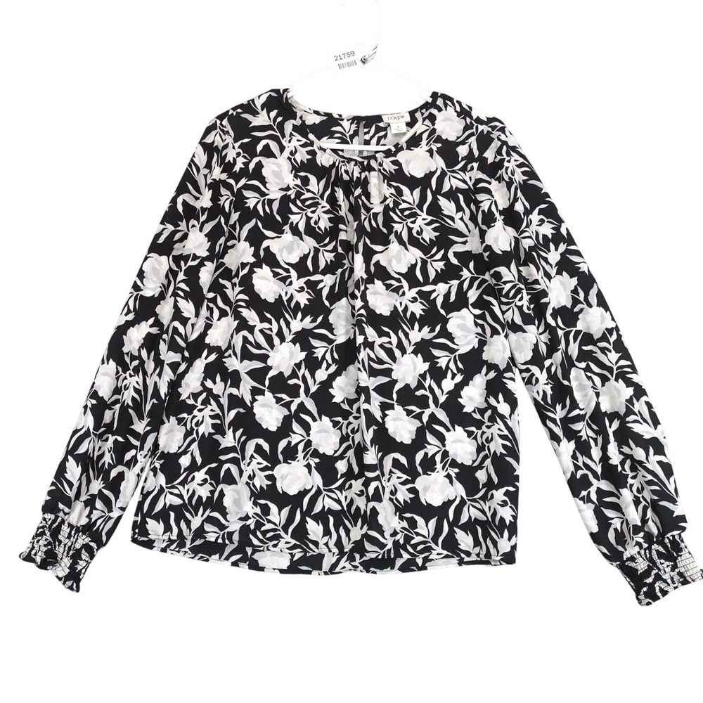 J Crew Black White Floral Blouse Womens M Smocked Puff Sleeve Classic‎ Academia